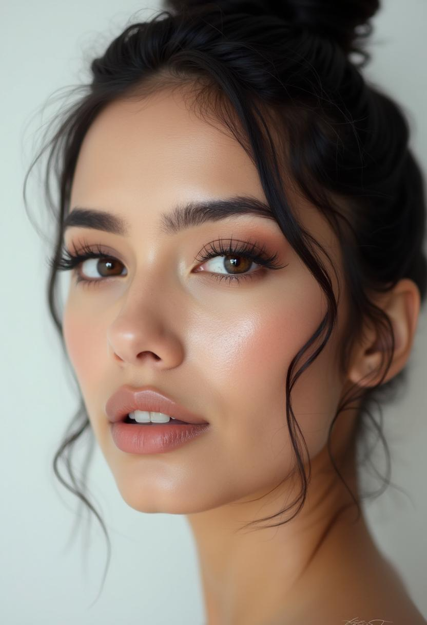 Close-up of model with soft glam makeup, dewy skin, and dark hair