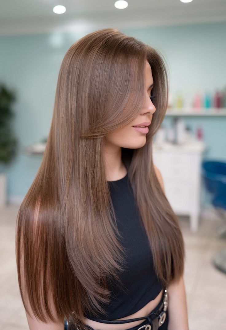 Glossy long straight chestnut brown hair with seamless layers