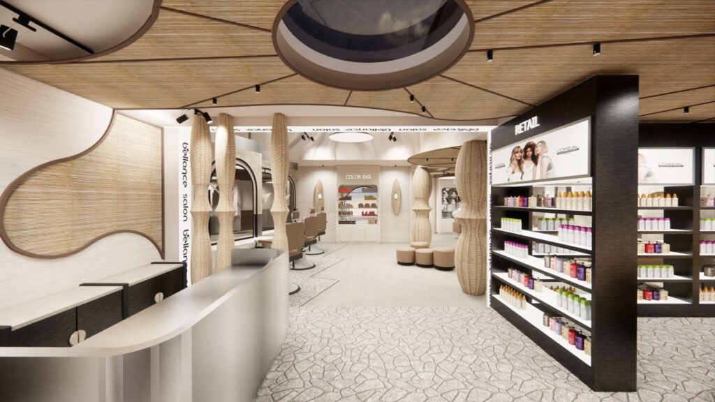 Bellance Salon reception counter, styling stations, Color Bar, wicker columns, and L'Oréal retail wall
