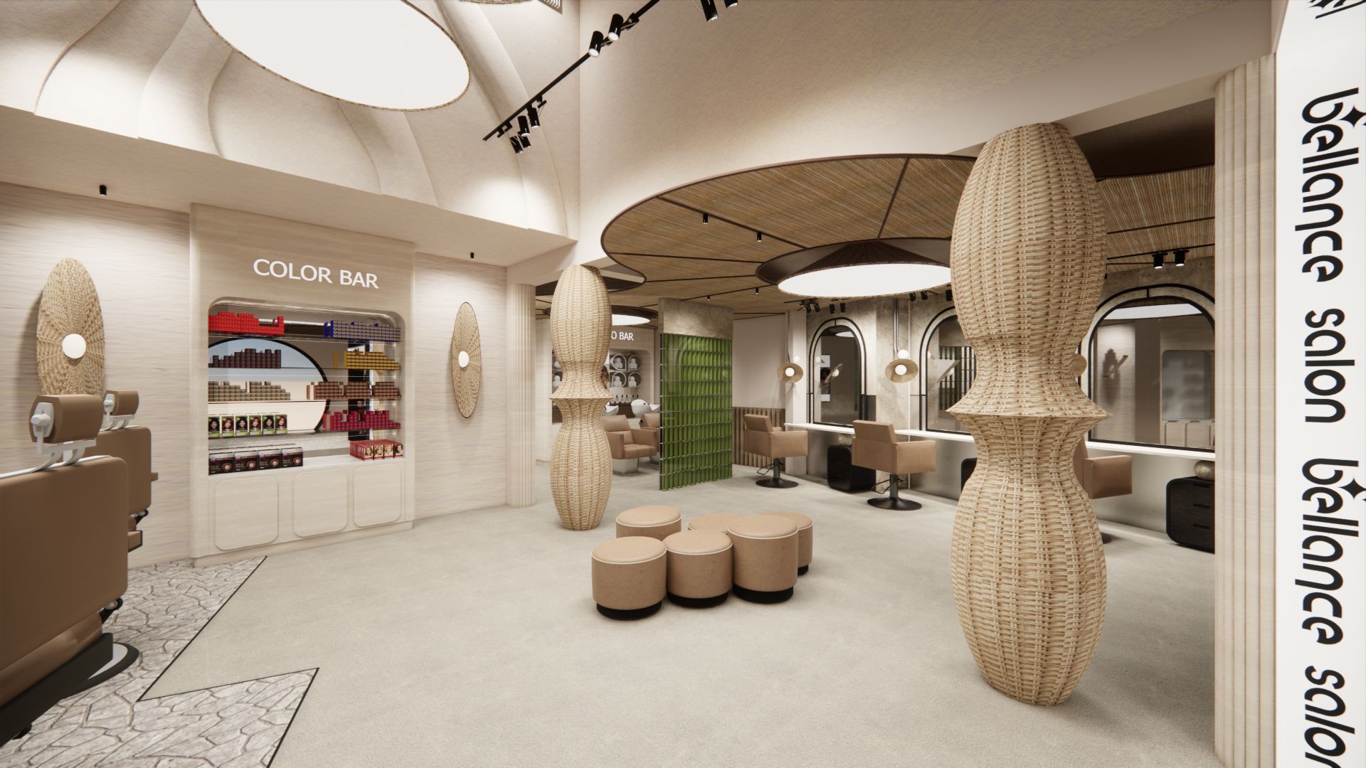 Bellance Salon interior with Color Bar, wicker sculptures, beige ottomans, bamboo ceiling, and arched styling mirrors
