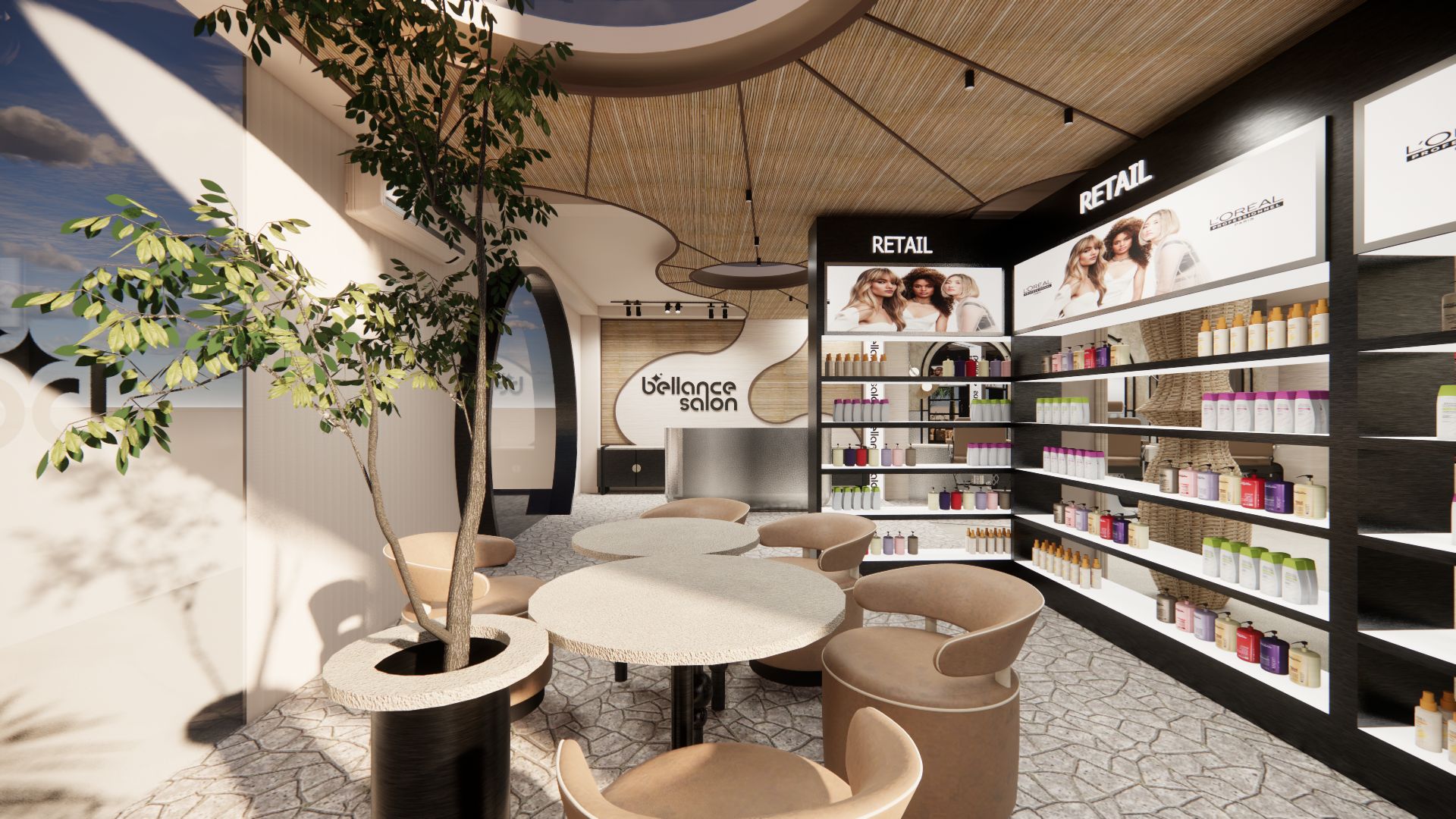 Bellance Salon lounge with indoor tree, beige barrel chairs, round table, and L'Oréal retail shelves beside reception