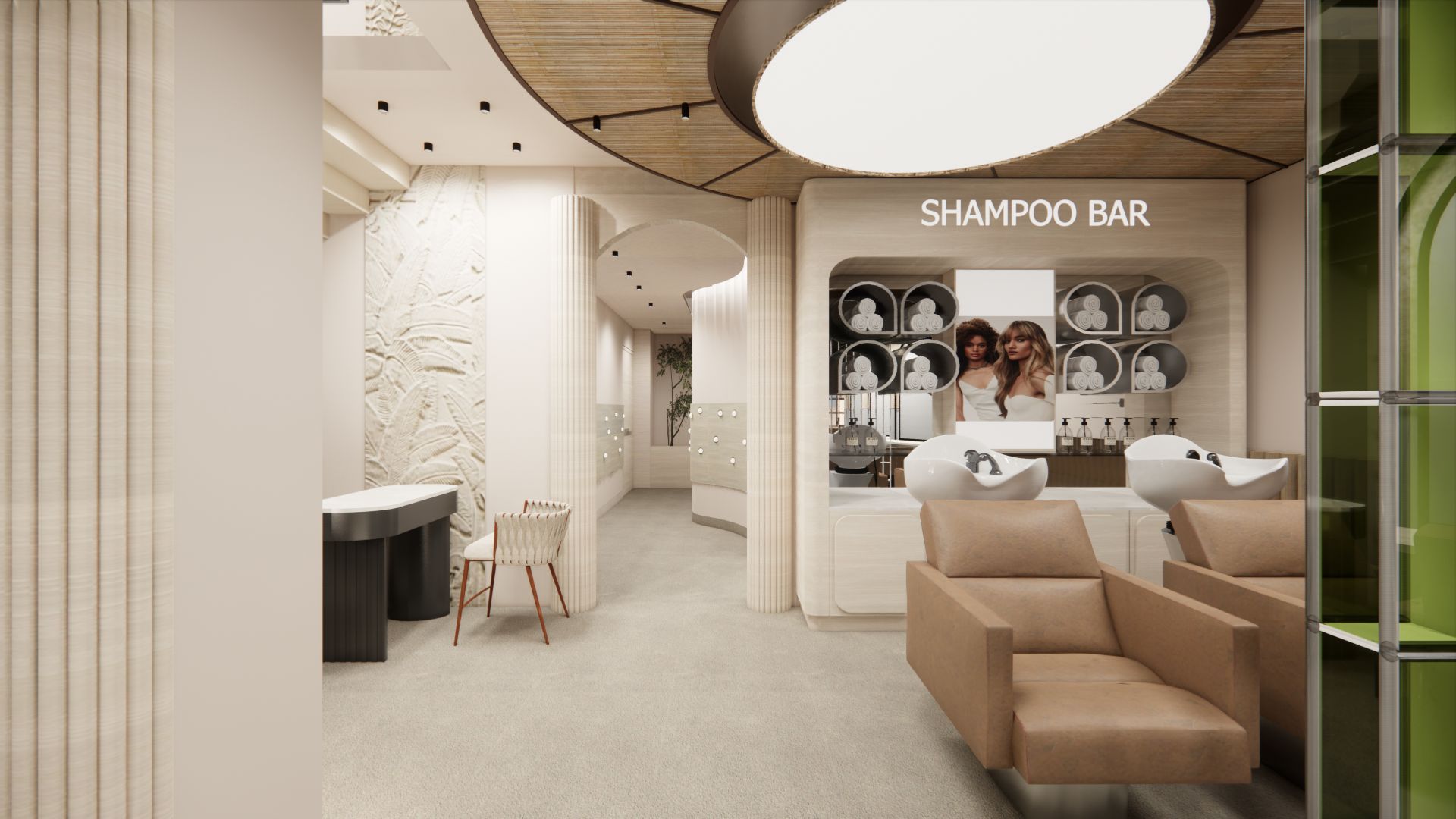 Bellance Salon shampoo bar with beige recliners
