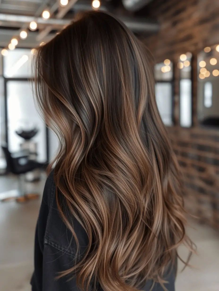 Long dark brown wavy hair with subtle ash blonde balayage highlights