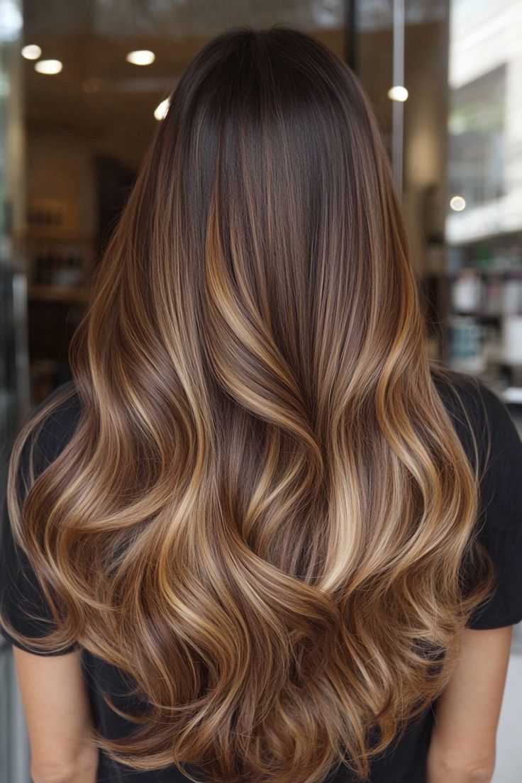 Long dark brown wavy hair with golden caramel balayage and bright blonde ends